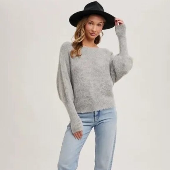 CLEAR OUT!!! Boat Neck Dolman Sleeve Ribbed Fuzzy Knit Sweater - Picture 6 of 10